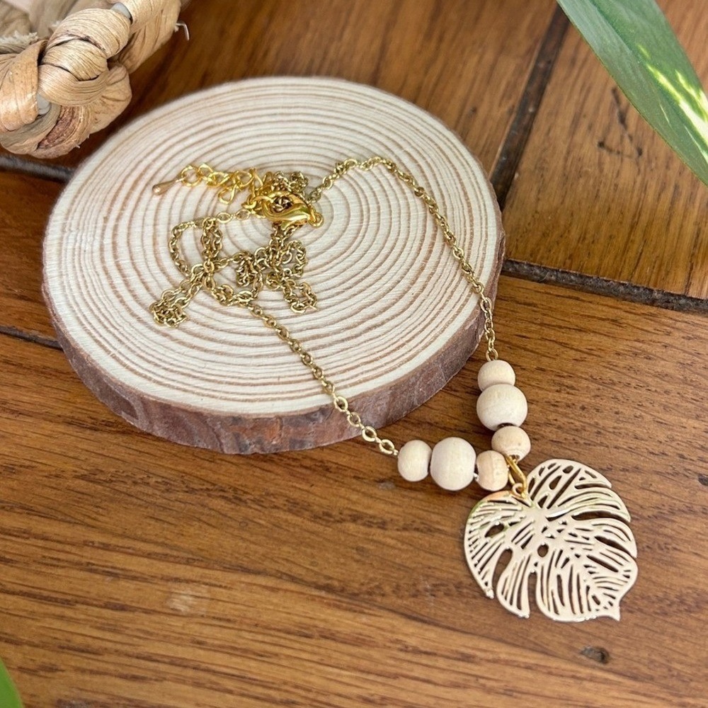 Handcrafted Golden Monstera Leaf & Wooden Bead Pendant Necklace Plant Lovers